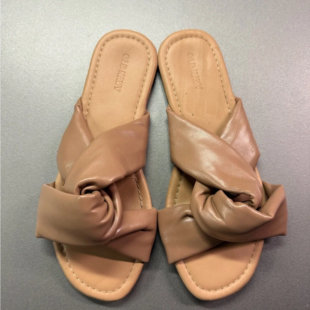 Old Navy Womens Tan Faux Leather‎ Twisted Knot Slide Sandals Size 7 Flat Neutral